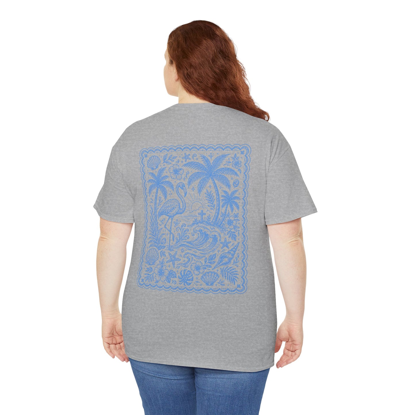 T-Shirt — “Happy Days” Blue Flamingo Beach Graphic Tee