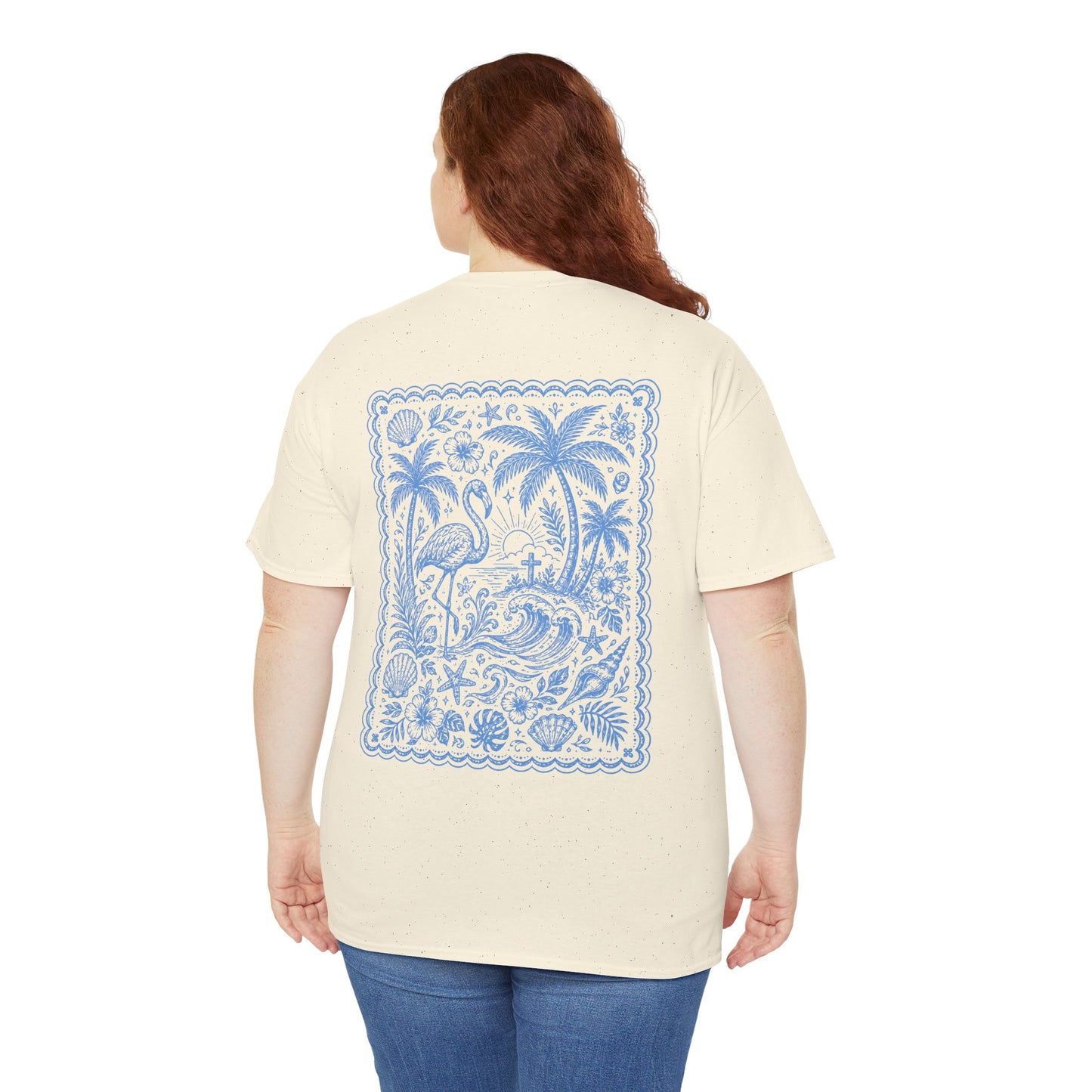 T-Shirt — “Happy Days” Blue Flamingo Beach Graphic Tee