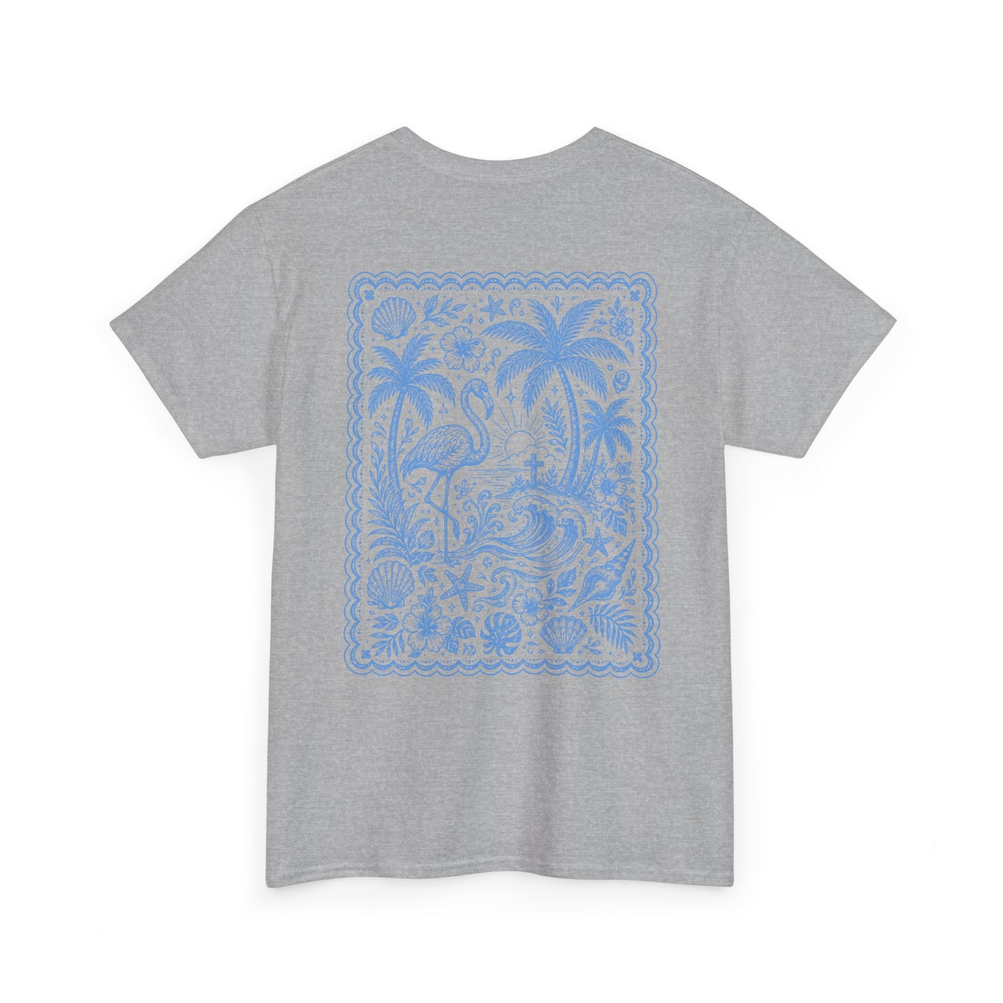 T-Shirt — “Happy Days” Blue Flamingo Beach Graphic Tee