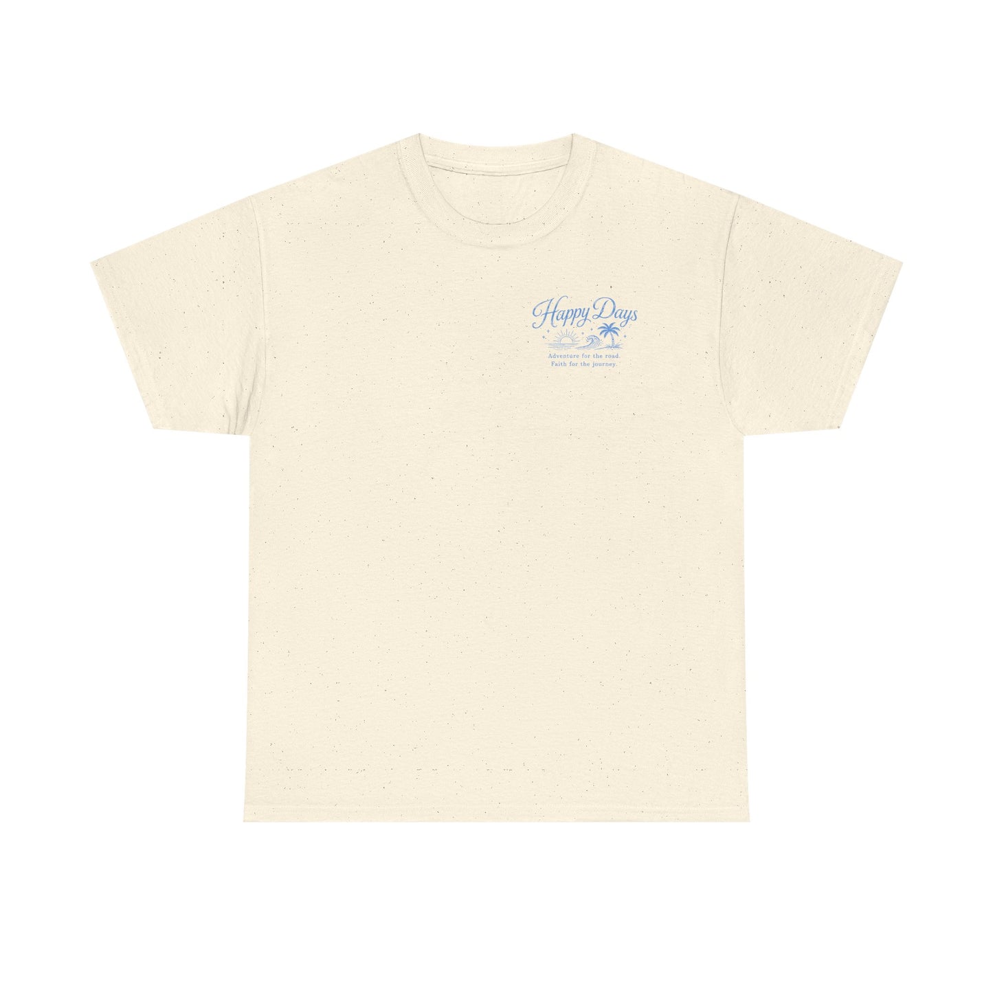 T-Shirt — “Happy Days” Blue Flamingo Beach Graphic Tee