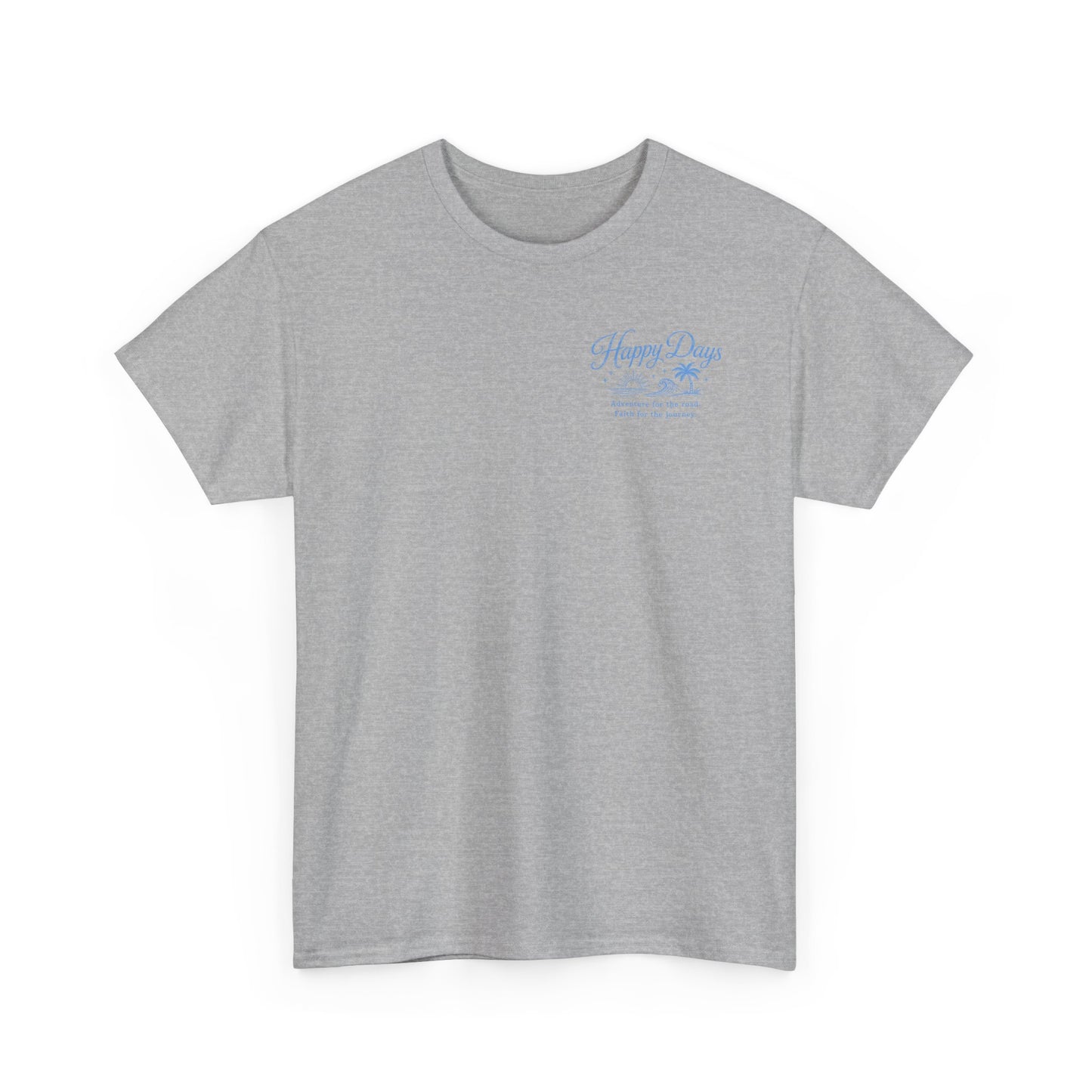 T-Shirt — “Happy Days” Blue Flamingo Beach Graphic Tee