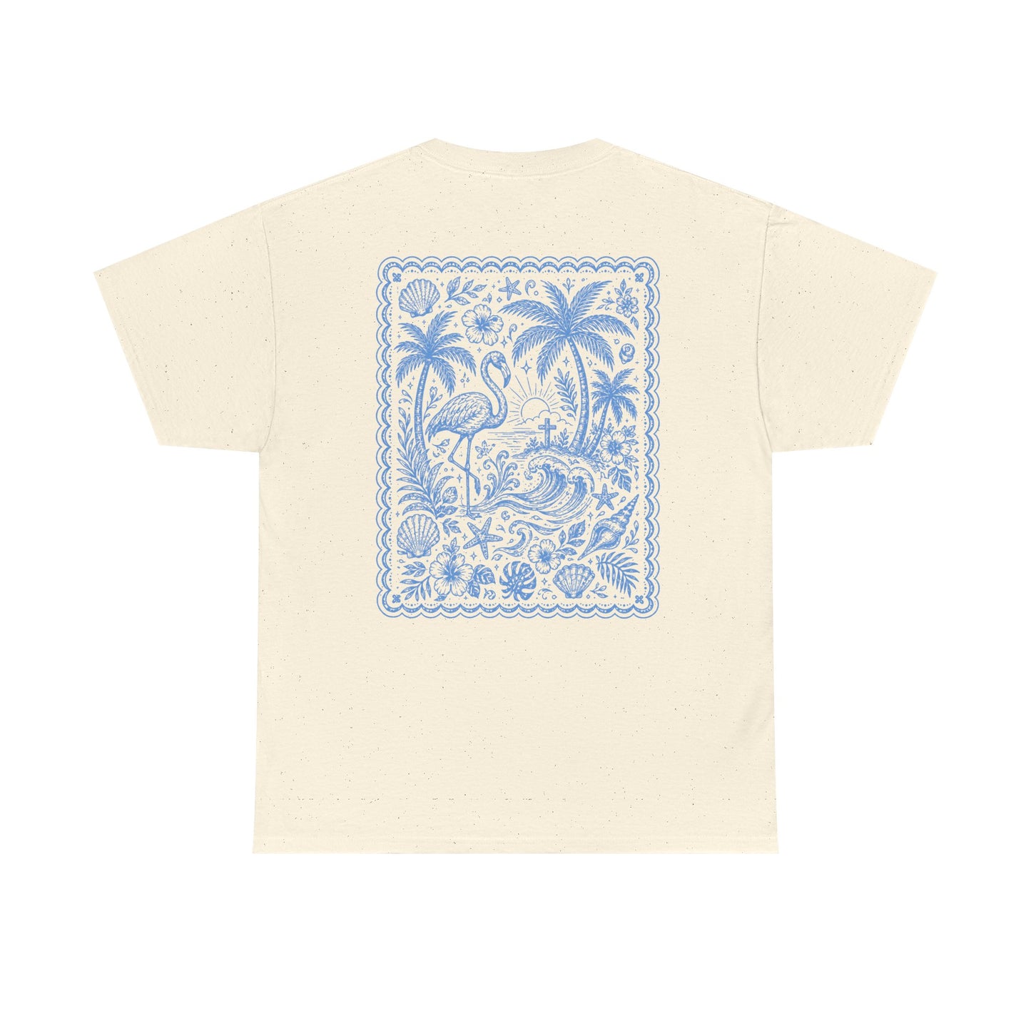 T-Shirt — “Happy Days” Blue Flamingo Beach Graphic Tee