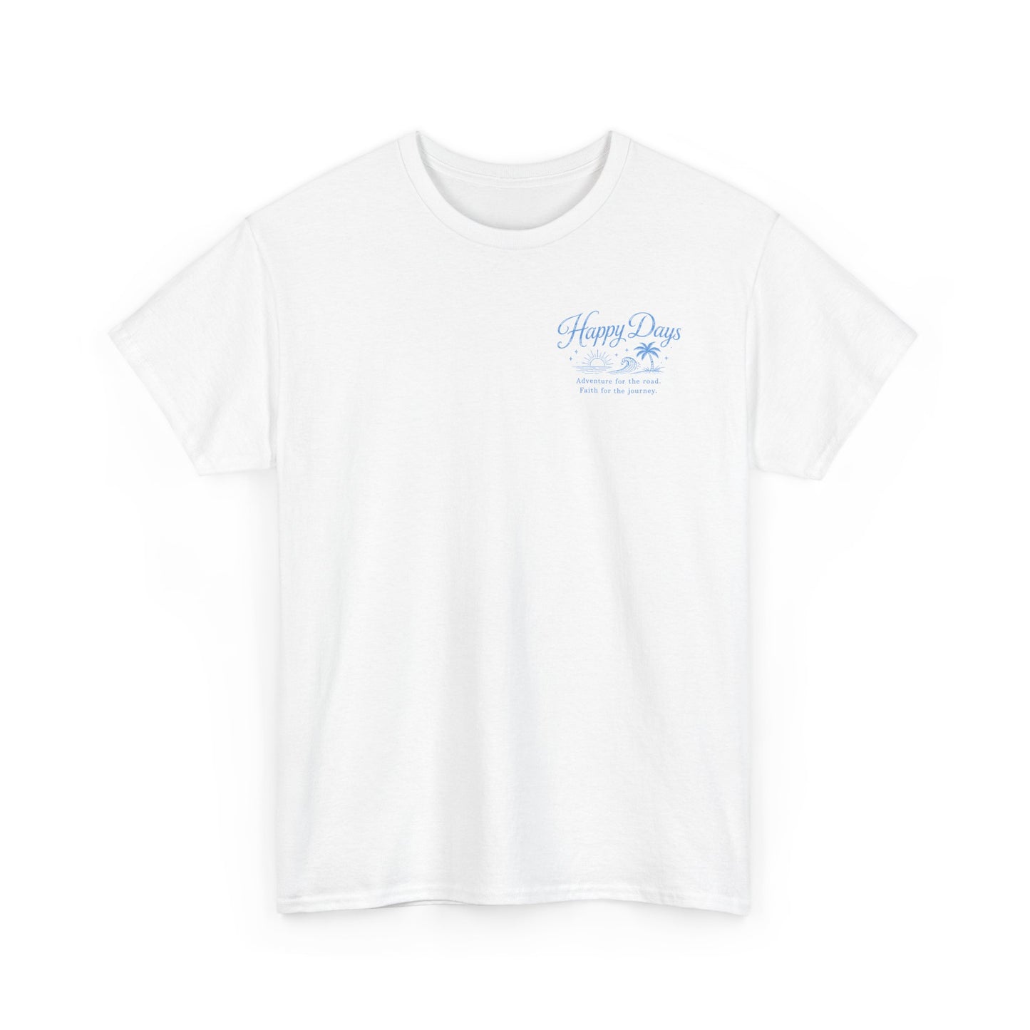 T-Shirt — “Happy Days” Blue Flamingo Beach Graphic Tee