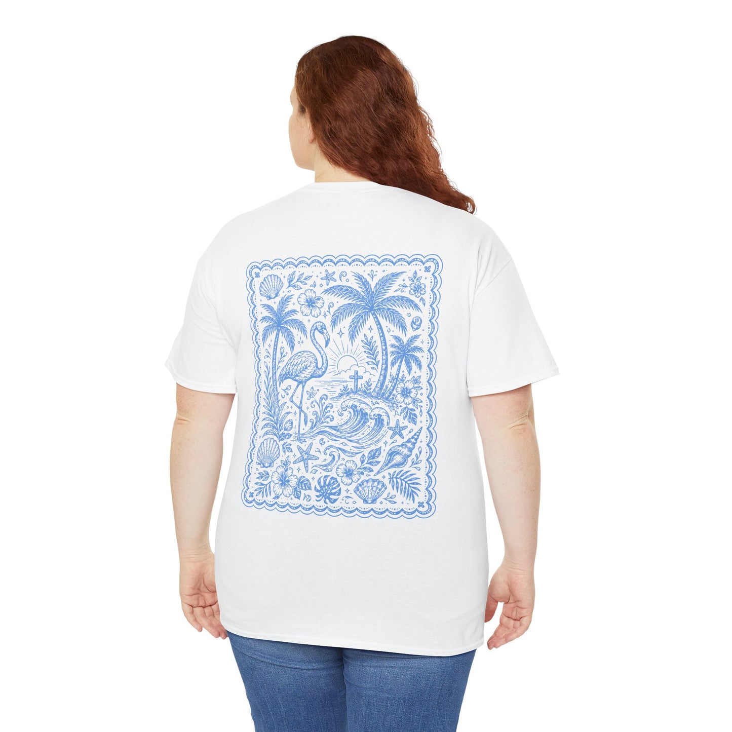 T-Shirt — “Happy Days” Blue Flamingo Beach Graphic Tee