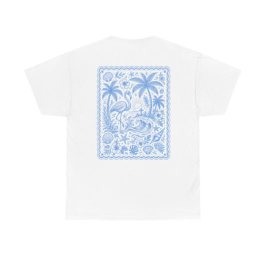 T-Shirt — “Happy Days” Blue Flamingo Beach Graphic Tee